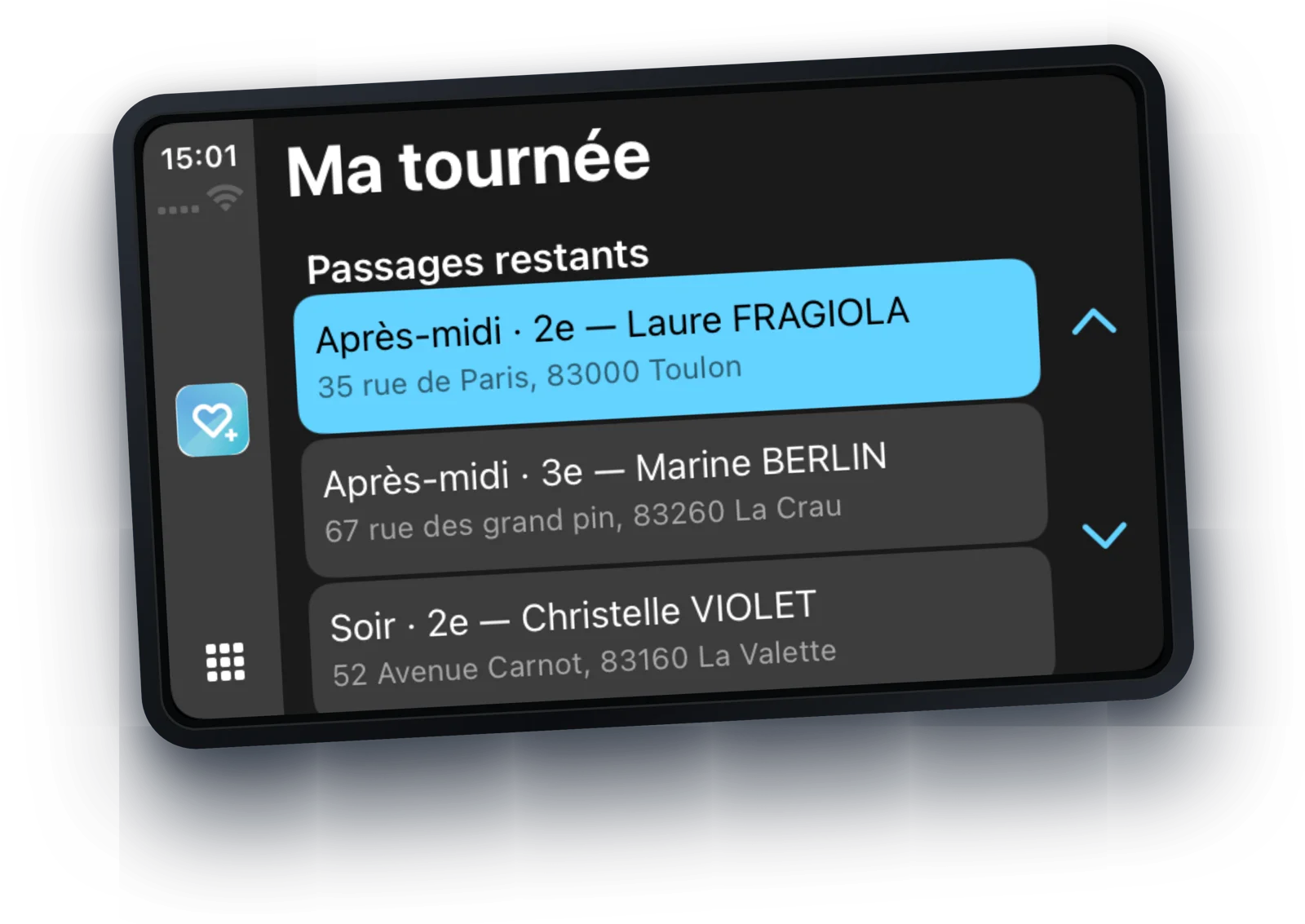 Écran CarPlay d'IDELPro : la tournée de l'après-midi avec l'adresse de chaque patient